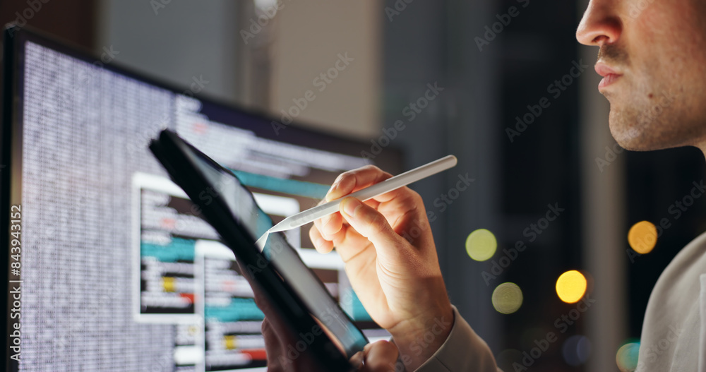 Aufkleber Hands, working and tablet in office at night for programming, problem solving or process with bokeh. Male person, ebook and stylus for plan with digital code at company, dark or analytics research