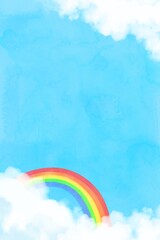 Vertical blue sky with white clouds and rainbow watercolor