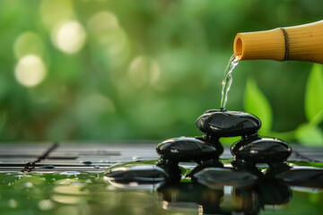 Zen stones with bamboo water fountain in nature