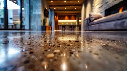 Sunlight subtly illuminates a blurred room focusing on the detail of the sparkling polished concrete floor