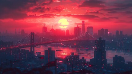 Sunset Glow Over Urban Bridge and Skyline - A picturesque sunset casts a pink hue over a serene city skyline