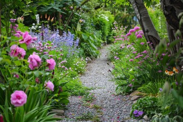 Flower-Lined Garden Path in Summer