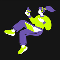 Vector illustration of a girl in headphones drinking coffee and working on a laptop