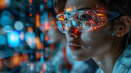 Scientist wearing eyeglasses with virtual screen technology, biometric with futuristic analyzing data and holographic projections in a futuristic laboratory.