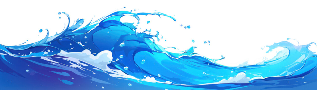 Vibrant blue ocean wave illustration with white background, capturing the fluid movement and energy of water in abstract art form.