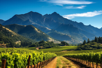Naklejka premium Scenic vineyard at the mountain on a bright sunny day with blue sky