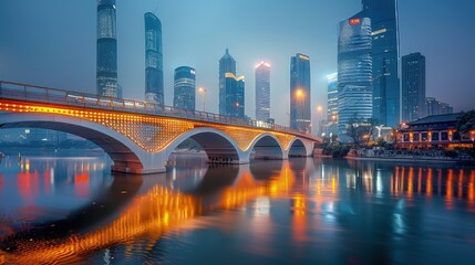 Obraz premium The bridge has a smooth, curved shape and is flanked by contemporary sculptures and landscaped gardens, creating a stylish and inviting setting.