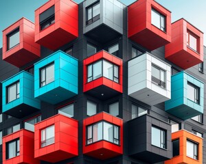 Fototapeta premium Modern Apartment Building with Vibrant Colorful Cubical Balconies and Windows in Urban Setting - Architectural Innovation and Design