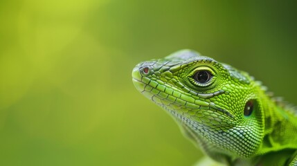 A vivid green lizard captured in a close-up, highlighting the intricate details and patterns of its eyes and skin