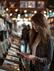 Fototapeta premium A woman in a bookstore looking at books on the shelf. AI.