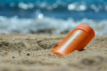 Obraz premium Face care travel concept. Sunscreen lotion on sandy beach with sea background