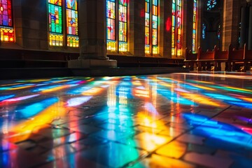 Colorful Stained Glass Light Reflecting On Church Floor