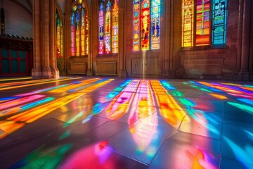 Stained Glass Window Reflections on Church Floor During Daytime