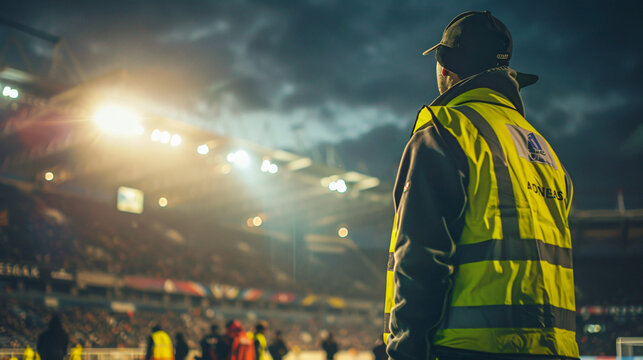 Security guard silhouette on duty at an evening sporting event, with stadium lights in the background