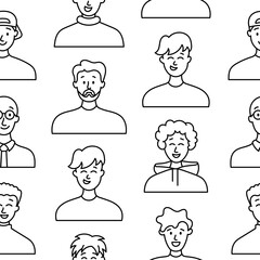 Men avatars. Seamless pattern. Coloring Page. Portrait of casual male with different hairstyles and outfits. User profiles. Hand drawn style. Vector drawing. Design ornaments.