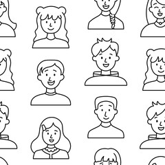 Kids different user profile. Seamless pattern. Coloring Page. Pretty girl and boy. Young people. Vector drawing. Design ornaments.
