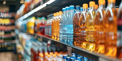 Fototapeta premium Assorted Drink Bottles on Store Shelves Showcasing a Variety of Beverages. Concept Drink Bottles, Store Shelves, Assorted, Beverages, Variety