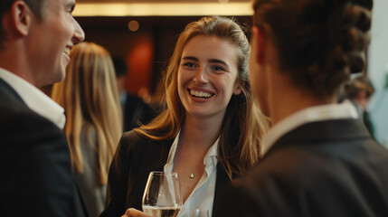 Professional woman with colleagues enjoying conversation at a networking event