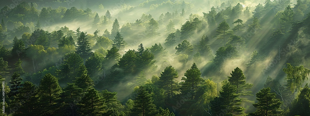 Wall mural Top view of lush green trees of the forest, shrouded in mist at sunrise, create an enchanting and serene atmosphere.