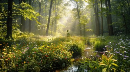Fototapeta premium A picturesque morning in the forest with a clear blue sky visible through the gaps in the tree canopy. 