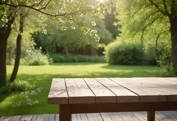 Empty wooden table with a blurred landscape in the background.