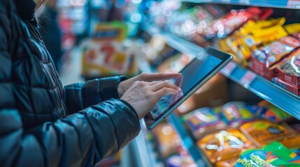 A close-up shot of a convenience store worker's hands using a digital tablet to scan a customer's items.