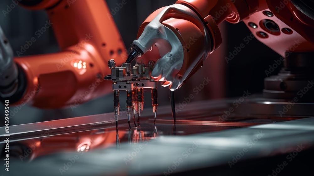 Poster a close-up shot of a robotic arm's delicate gripper gently placing a tiny component into place, high
