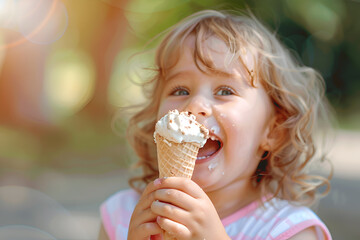Portrait of small hungry funny baby boy with wet blonde curly hair eating cold tasty ice cream in wafer from hands of mother outdoor, horizontal picture