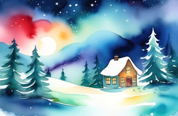 Naklejka premium Experience the serene beauty of this AI-generated watercolor landscape, featuring a cozy winter cabin under a mesmerizing