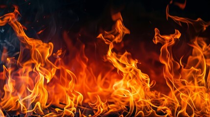 Texture of fire flames on black background. Burning red hot sparks