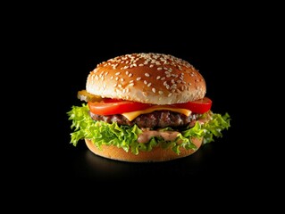 A photorealistic shot of an oversized hamburger with cheese, lettuce and tomato against a black background