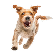 Happy, energetic dog caught mid leap, isolated on a transparent backdrop