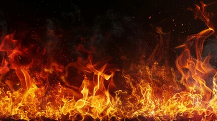 Texture of fire flames on black background. Burning red hot sparks