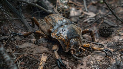 A deceased cockchafer rests on its back on the forest ground
