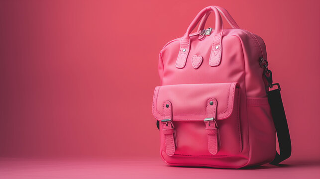 Sac &agrave; dos ou cartable en tissu rose &agrave; anses et bandouli&egrave;re sur fond rose, sac pour l'&eacute;cole, &eacute;colier, coll&eacute;gien ou &eacute;tudiant