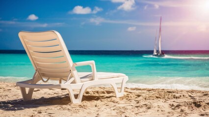 Obraz premium White beach lounge chair overlooking turquoise ocean under clear blue sky with sailboat in background.Perfect for travel brochures, vacation advertising and beach resort promotions.copy space