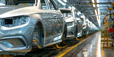 Naklejka premium Efficient factory assembly line utilizing modern techniques to produce cars at a high rate. Concept Assembly Line Efficiency, Modern Techniques, High Production Rate, Factory Automation