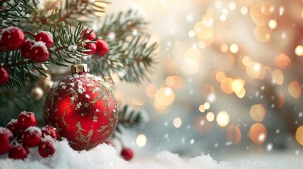 Red Christmas Ornament and Pine Branches with Bokeh Lights