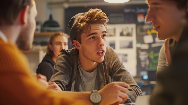 A young man brainstorming ideas with his team, their creativity and collaboration evident in their animated discussion