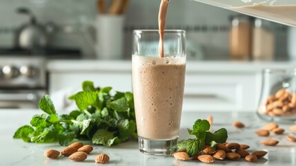 Almond Milk Smoothie Pouring Into Glass with Mint Leaves