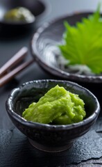Obraz premium Wasabi Paste in a Black Bowl on a Slate Plate
