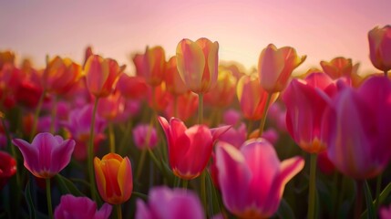 Picture of a captivating time lapse of vibrant tulips blooming in a Dutch field,