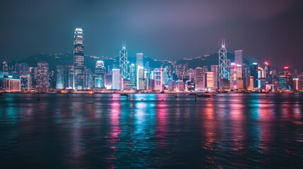 Obraz premium Picture of, a bustling city skyline at night, with twinkling lights reflecting off the calm waters of a harbor,