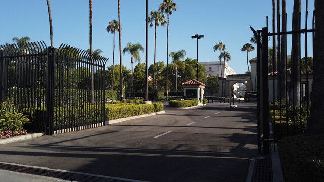 Los Angeles, California, USA, June 21, 2022: Entrance to Paramount Pictures Studios in Hollywood. Paramount Studios Bronson Gate. This iconic gateway was the main entrance to the studio until 1978.