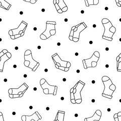 Winter warm socks. Seamless pattern. Coloring Page. Stylish cotton and woolen with different textures. Hand drawn style. Vector drawing. Design ornaments.