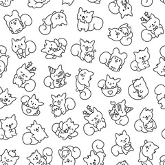 Cute kawaii squirrel. Seamless pattern. Coloring Page. Funny forest wild cartoon animal characters. Hand drawn style. Vector drawing. Design ornaments.