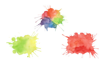 A colorful bright watercolor spot with drops and splashes isolated on a white background is hand-drawn. Abstract background for design, decoration, advertising with space for text. 