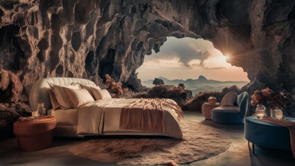 A luxurious bedroom inside a cave, with a comfortable bed and elegant decor, overlooking a breathtaking sunset view.Suitable for advertising unique accommodations and showcasing luxury interior design