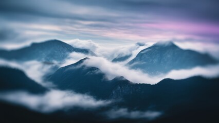 Naklejka premium Mystical Mountain Peaks. Mist-covered mountain peaks under a purple sky, creating a serene and mystical landscape. Perfect for travel guides and nature blogs.