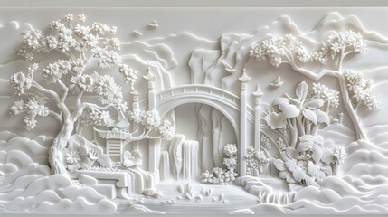 Intricate White Carving of Traditional Asian Landscape, Generative AI